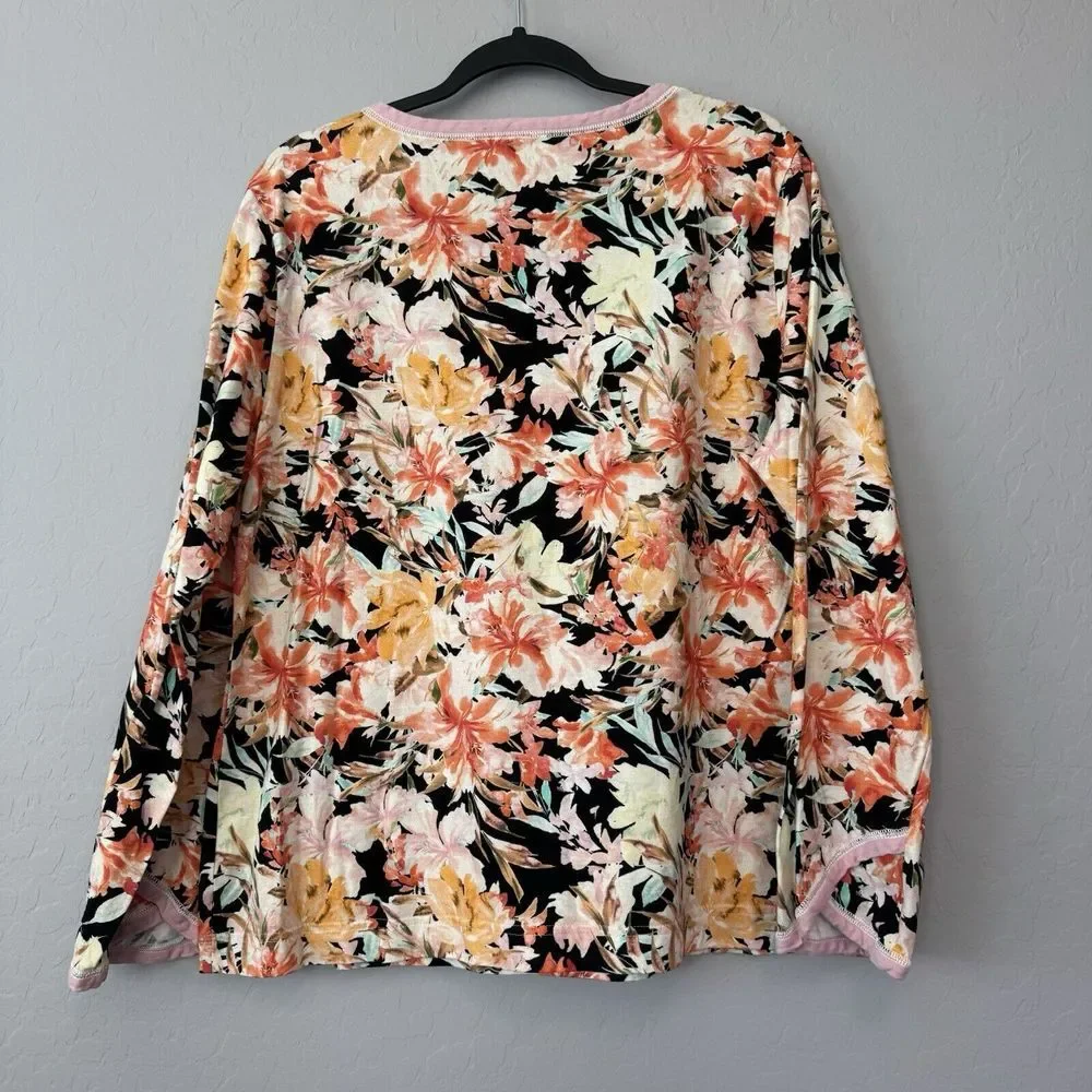 Garnet Hill XLarge Black Pink Orange Floral Cotton Cross Front Long Sleeve Top - Picture 5 of 5
